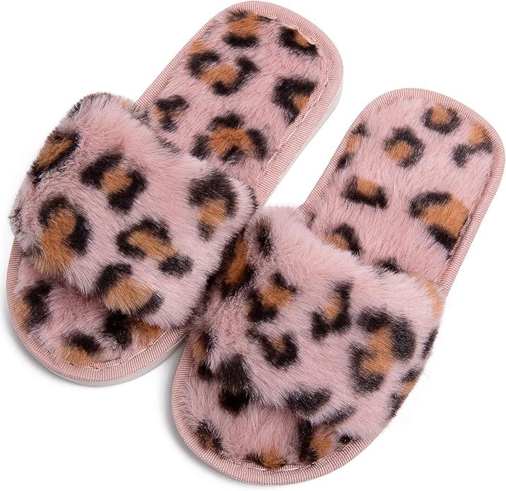 Boys Girls Fuzzy House Slippers Cute Comfy Faux Fur Slip On Fluffy Plush Open Toe Home Slides for... | Amazon (US)