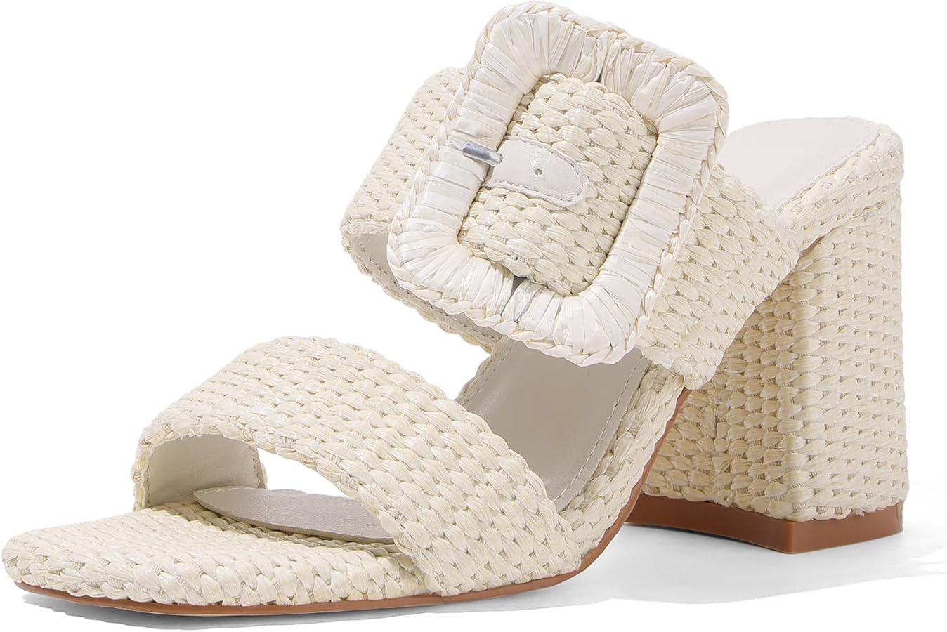 Ancomafio Womens Heeled Sandals Raffia Sandals Square Open Toe Chunky Block Heels Double Strap Su... | Amazon (US)