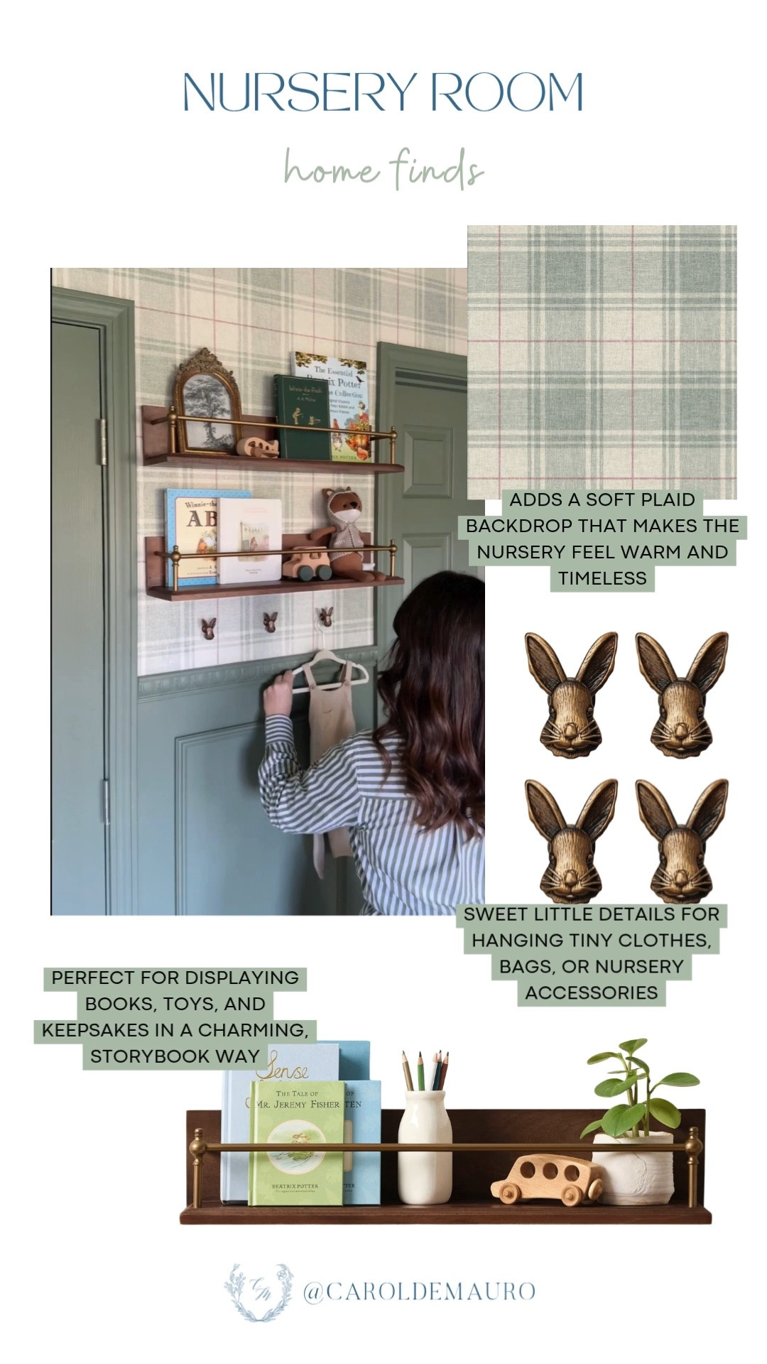 nursery room, home styling, plaid wallpaper, bunny hardware, wall shelving, kids room, timeless look, ralph lauren inspired nursery, brass hardware, pottery barn, checkered wallpaper, green nursery

#LTKHome #LTKBaby