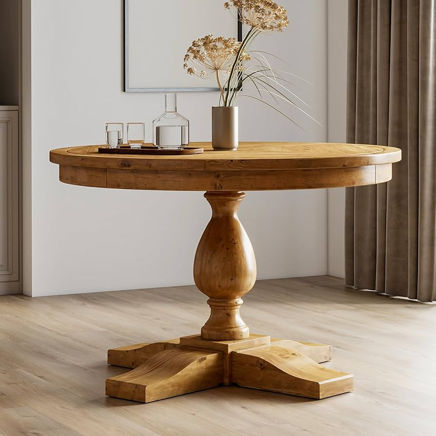 Rustic Round Kitchen Table with Pedestal Base, 47 inches Farmhouse Pine Wood Dining Table, 4 Peop... | Amazon (US)