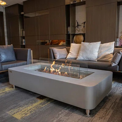 Sydney 14'' H x 61.9'' W Concrete Bio-ethanol Fuel Outdoor Fire Pit Table with Windscreen and Lid | Wayfair North America