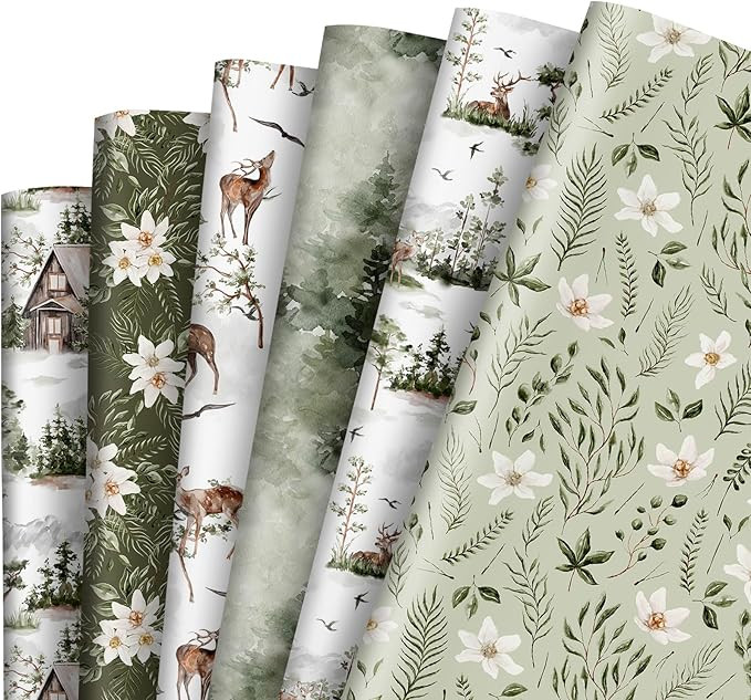 12 Sheet Greenery Wrapping Paper Forest Reindeer Flower Gift Wrap Paper Bulk Folded Flat Green Ar... | Amazon (US)