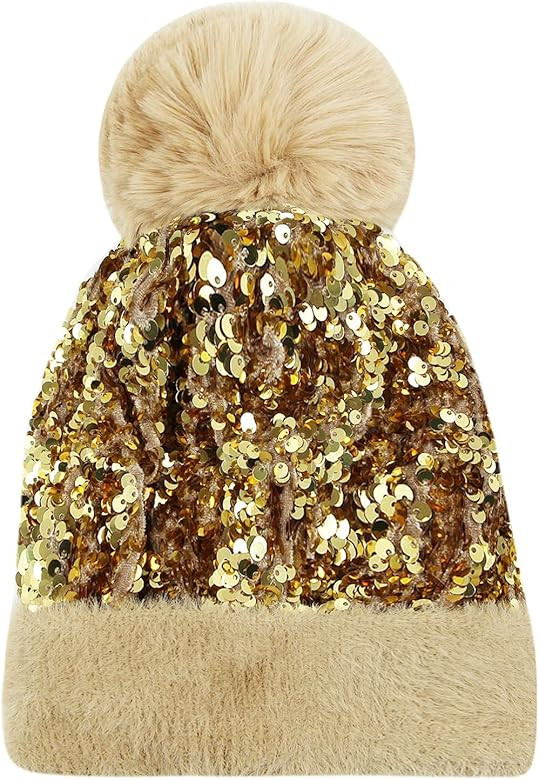 Caviotess Women Sparkly Sequins Knitted Beanie Hat Warm Winter Skull Cap with Faux Fur Pom Pom | Amazon (US)