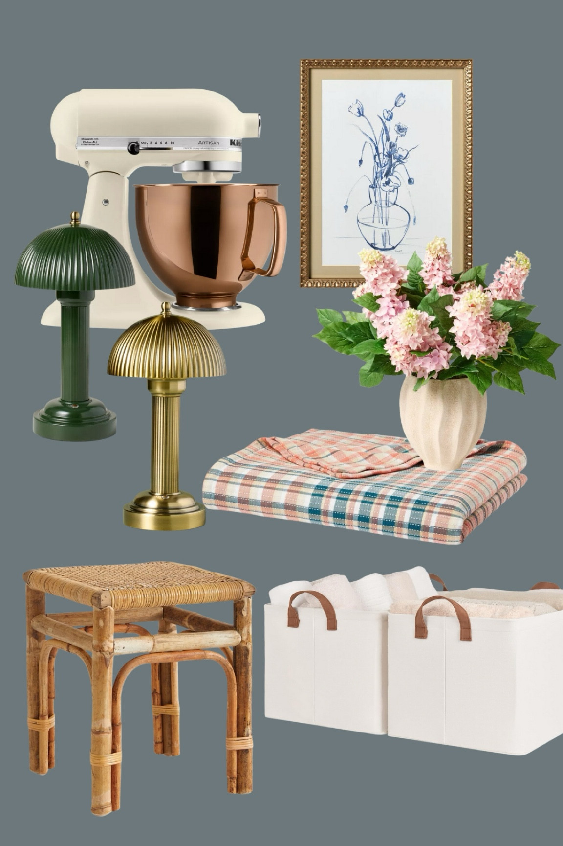 Inspired finds - cream stand mixer with copper bowl, framed art, floral arrangement, plaid blanket, storage totes (I got these for grand baby toys!) rattan side table, rechargeable cordless portable lamps 

#LTKSeasonal #LTKHome #LTKStyleTip