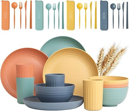 Wheat Straw Dinnerware Sets (32pcs) Reusable Unbreakable Lightweight Dinnerware set, Microwave Sa... | Amazon (US)