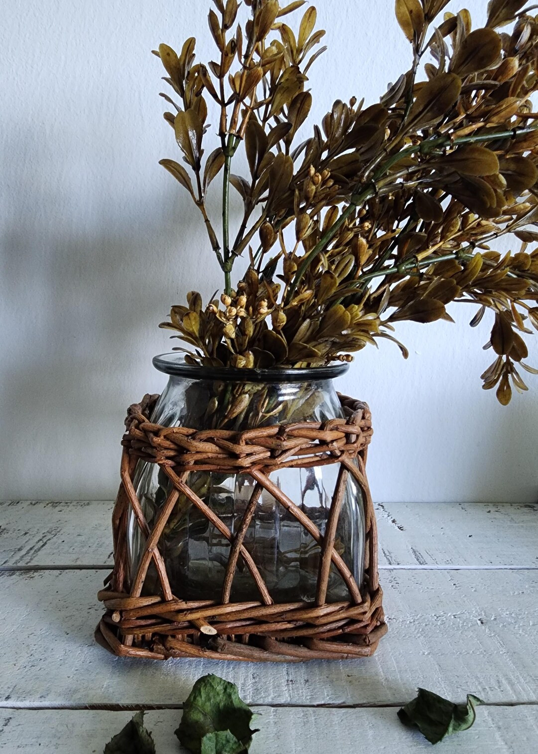 Farmhouse Country Cottage Woven Wicker & Glass Vase - Etsy | Etsy (US)