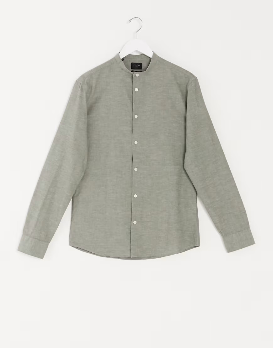 Selected Homme slim fit linen mix shirt with grandad collar in khaki-Green | ASOS (Global)