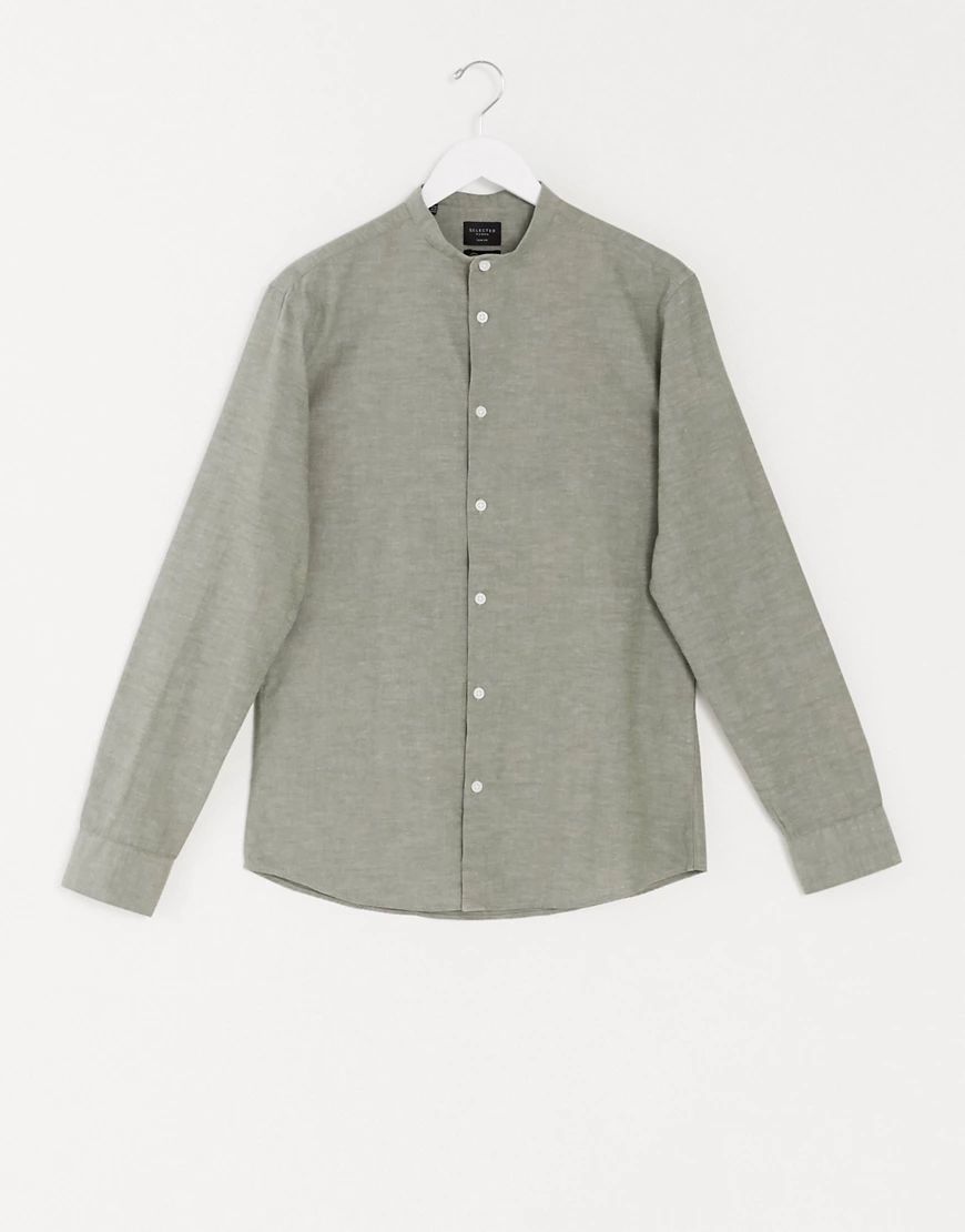 Selected Homme slim fit linen mix shirt with grandad collar in khaki-Green | ASOS (Global)