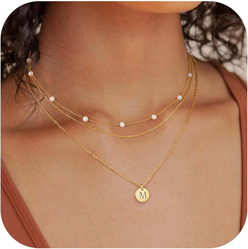 Turandoss Layered Gold Pearl Necklaces for Women - Initial Gold Necklaces for Women, Dainty Gold ... | Amazon (US)