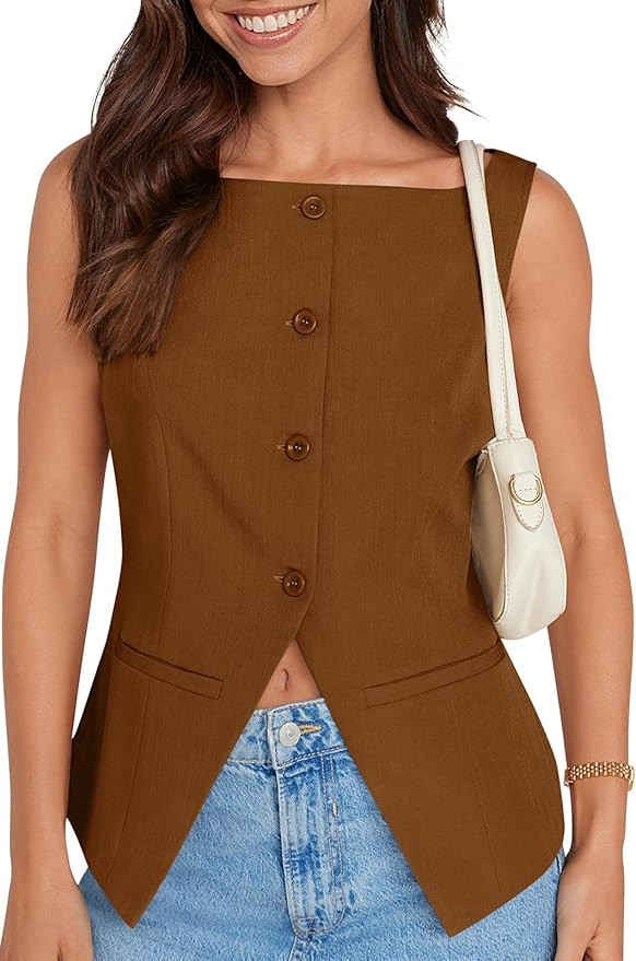 UEU Womens Vest Top 4 Button Sleeveless Boat Neck Fully Lined 2025 Trendy Dressy Business Work Bl... | Amazon (US)