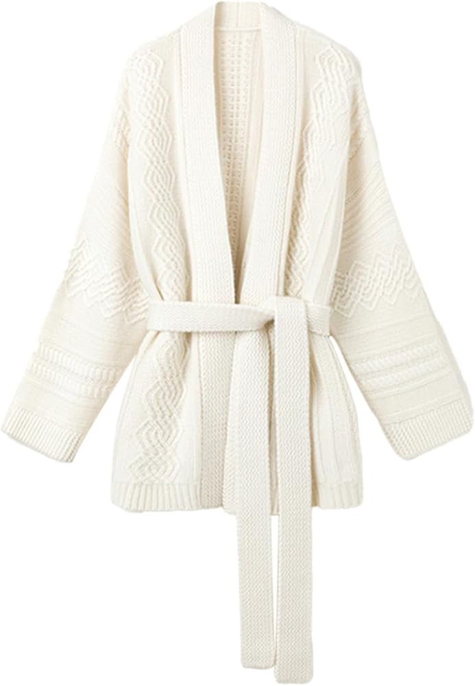 Mid-Length Wool Blend Open Cardigan Long Sleeve Cable Knitted Sweater for Women | Amazon (US)