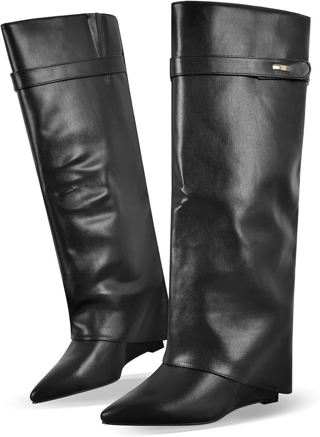 LISHAN Women's Wedge Boots Pointy Toe Slouchy High Heels | Amazon (US)