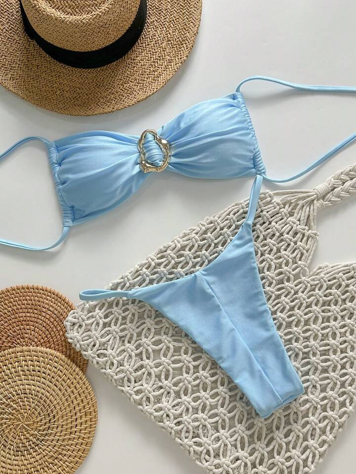 Swim Mod Women Blue Strapless Halter Metal Decor Sexy Bikini Swimwear Set, Beach Clothes | SHEIN