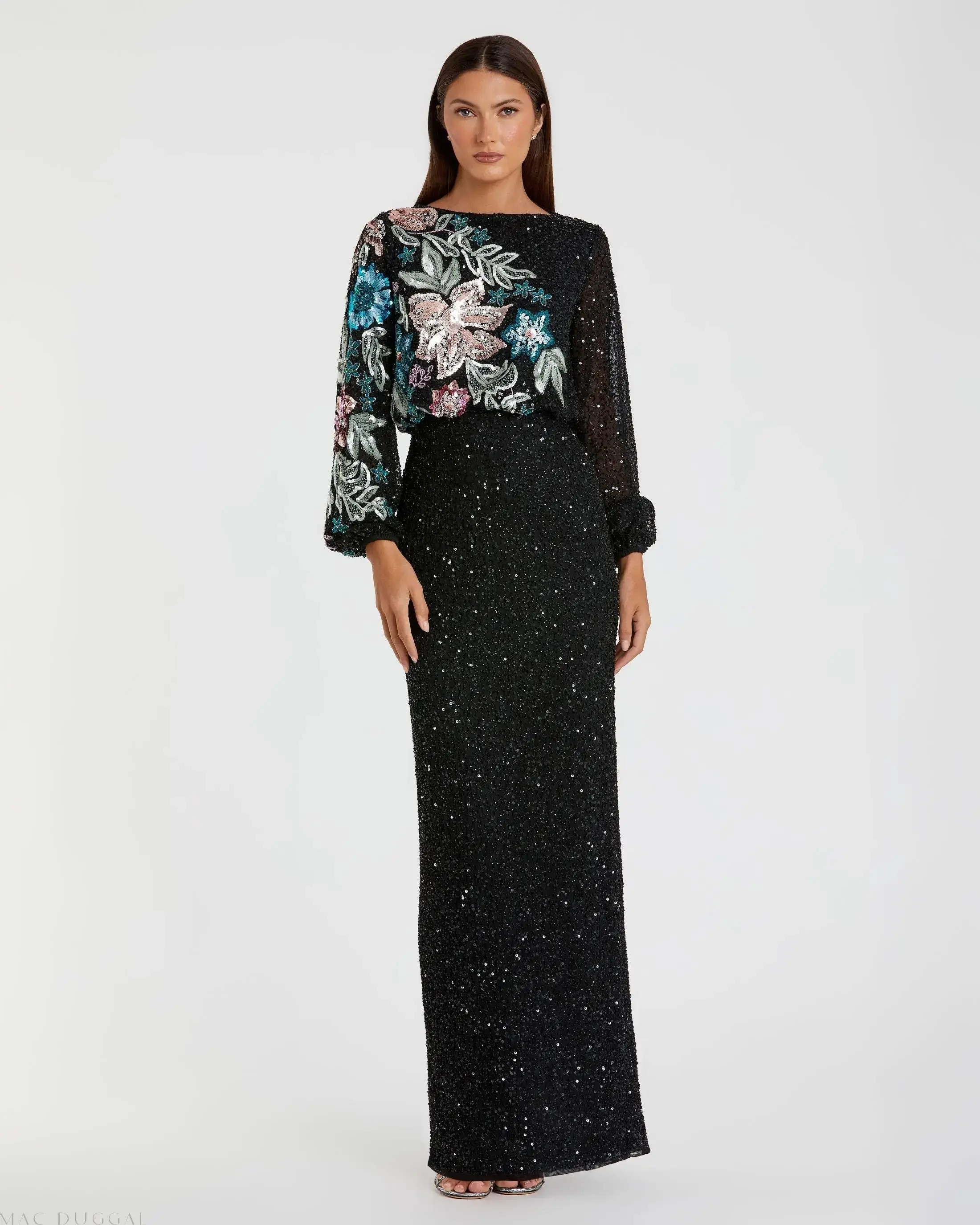 Embellished Multi Color Floral High Neck Gown | Mac Duggal