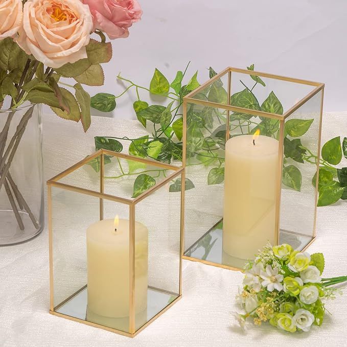 yshengood Glass Hurricane Candle Holder Set of 2 PCS, Gold Frame and Glass Hurricane Candleholder... | Amazon (US)