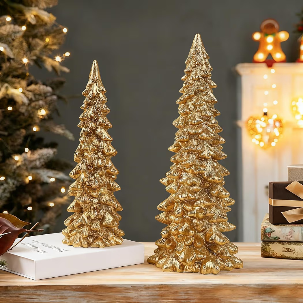 Set of 2 Gold Glitter Resin Trees,Small Pine Tree Figurines Decorative Christmas Trees Tabletop C... | Amazon (US)