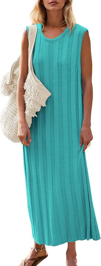 Fisoew Women's Summer Sleeveless Maxi Dress Scoop Neck Ribbed Knit Tank Top Dresses | Amazon (US)