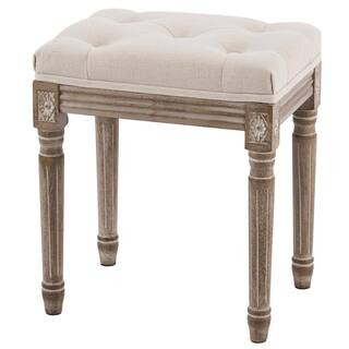 Merra 19 in. Beige Backless French Solid Wood Vintage Upholstered Vanity Short Stool with Vintage... | The Home Depot