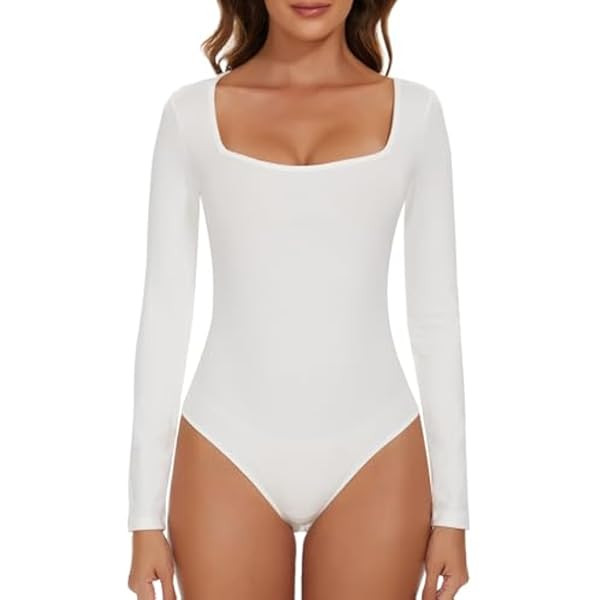 PUMIEY Women's Square Neck Long Sleeve Bodysuit Sexy Body Suit Tops Smoke Cloud Pro Collection | Amazon (US)