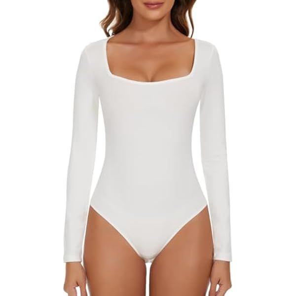 PUMIEY Women's Square Neck Long Sleeve Bodysuit Sexy Body Suit Tops Smoke Cloud Pro Collection | Amazon (US)