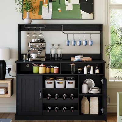 Coffee Bar Cabinet with 5 Hooks, Buffet Cabinet with Power Outlets, Goblet Holder, Sideboard Cabinet with Wine Rack Cabine, Black | Target