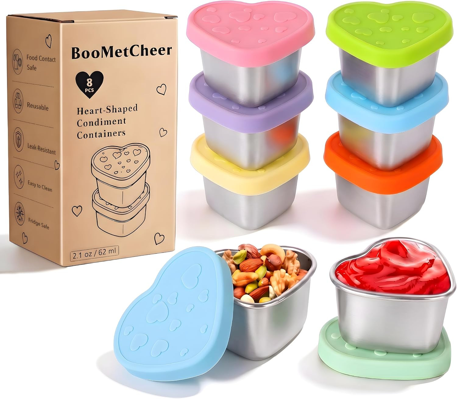 8 Pcs Heart Shaped Sauce Cups with Silicone Lids in Kraft Gift Box, 2.1 oz Stainless Steel Salad Dressing and Condiment Containers, Reusable for Bridesmaid Gift, Meal Prep, Travel | Amazon (US)