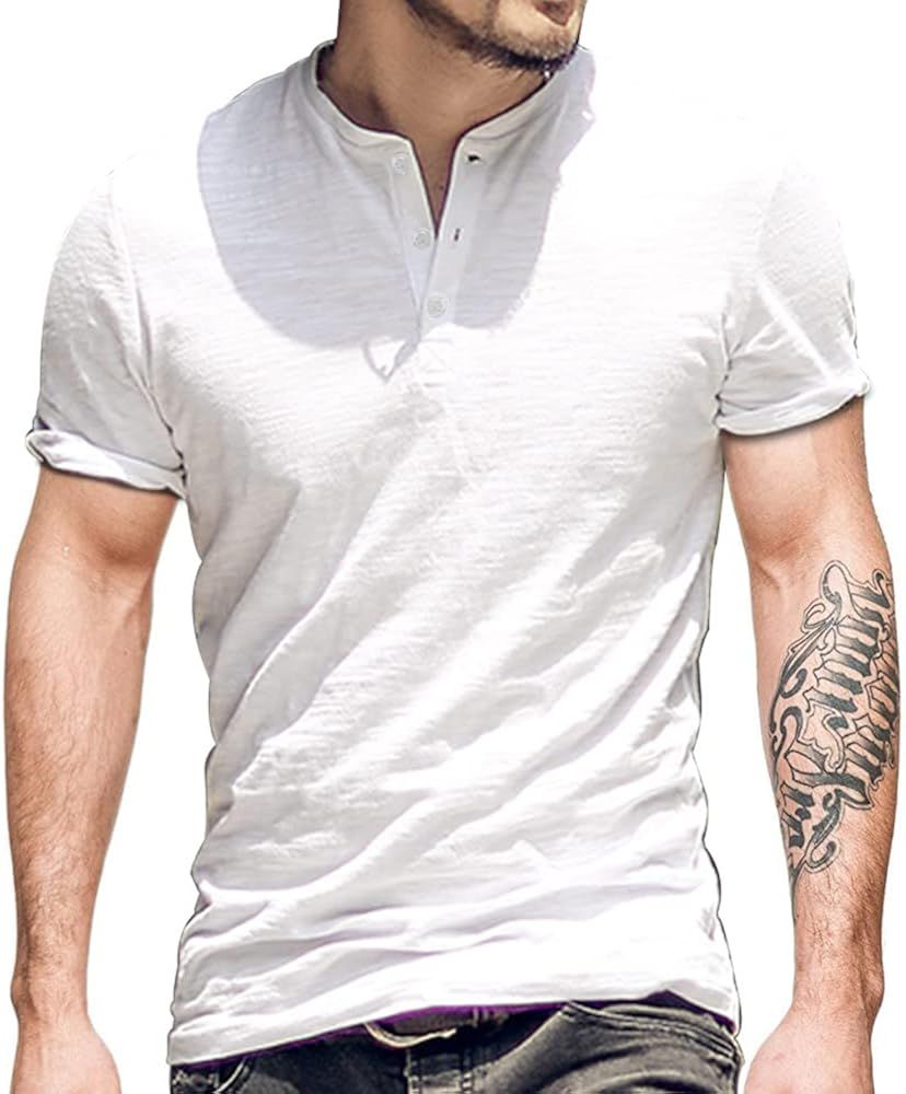palglg Mens Cotton Muscle Slim Fitted Sport Henley T-Shirt with Button | Amazon (US)
