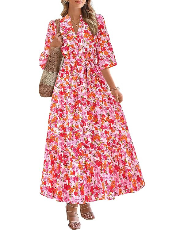 MASCOMODA Womens Floral Maxi Dresses Boho Summer Casual V Neck 3/4 Puff Sleeve Button Down Tie Wa... | Amazon (US)