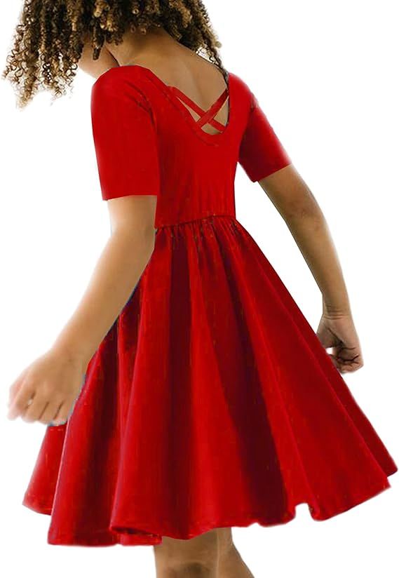 Arshiner Girls Dress Short Sleeve Solid Cotton Dress A-line Skater Dress | Amazon (US)