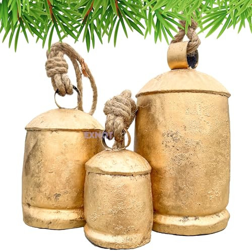 EXNOT Vintage Metal Harmony Bells, Rustic Farmhouse Door Hanging Cow Bells, Gold Shabby Chic Christmas Decor, Bells for Christmas Wreath, Set of 3 with Jute Rope | Amazon (US)