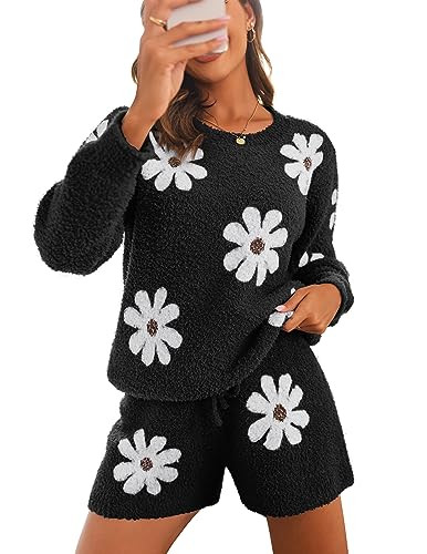 Ekouaer Fuzzy Fleece Pajamas 2 Piece Warm Soft Lounge Set Long Sleeve Sweater Top and Shorts Loun... | Amazon (US)