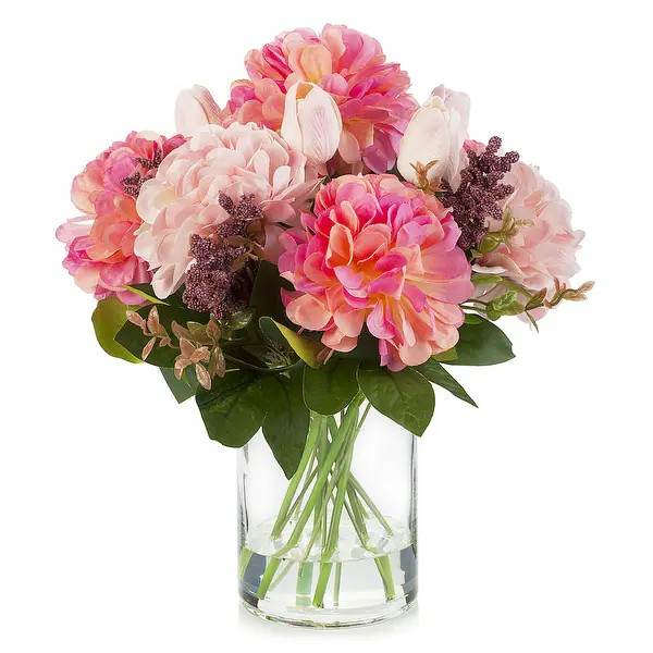 Enova Home Mixed Real Touch Tulip and Dahlia Artificial Flowers Arrangement in Clear Cylinder Gla... | Bed Bath & Beyond