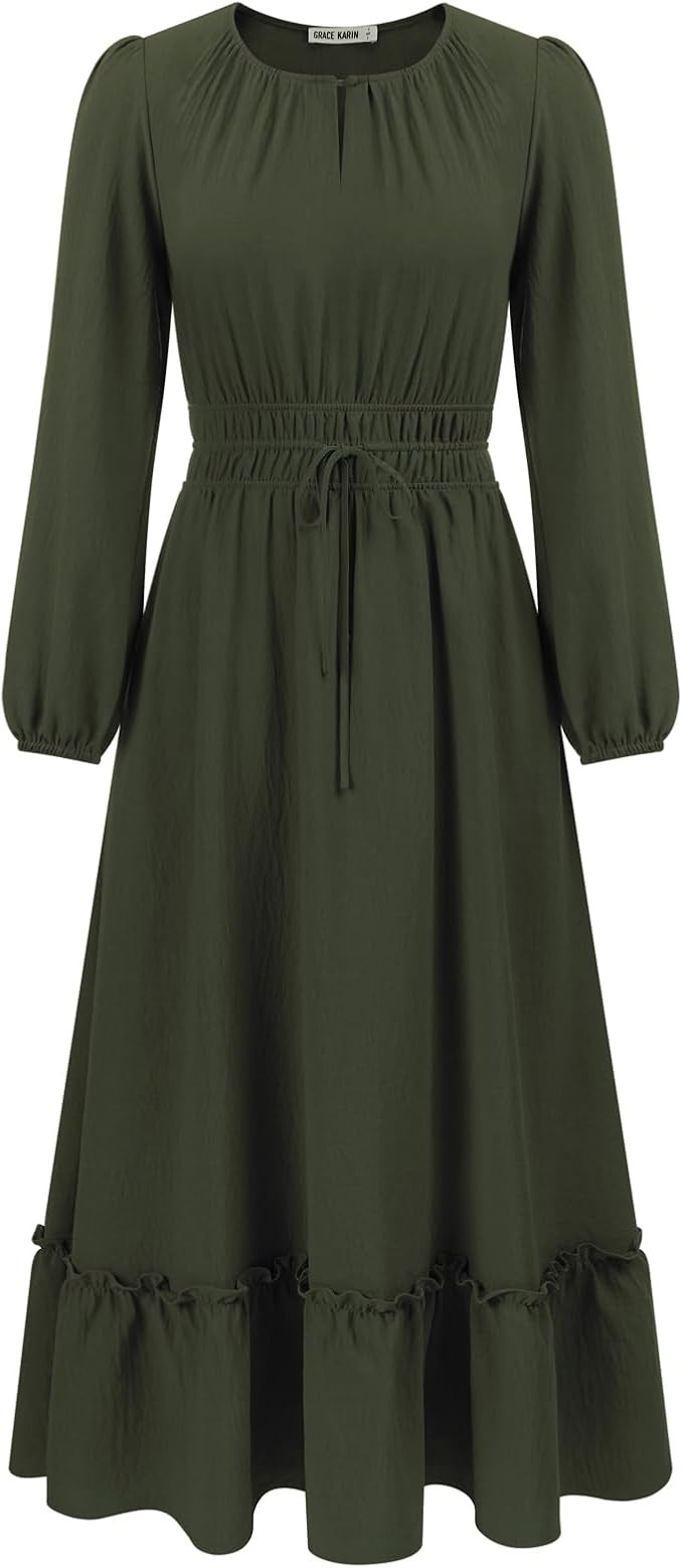 GRACE KARIN Women's Long Sleeve Maxi Dresses 2025, Flowy Fall Dresses Casual, Crew Neck Dress Ela... | Amazon (US)