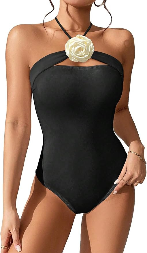 OYOANGLE Women's 3D Floral Appliques One Piece Swimsuit Strapless Sleevelesss Tummy Control Bathi... | Amazon (US)