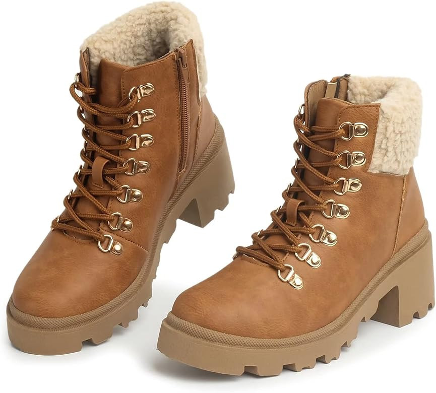 MUSSHOE Combat Boots for Women Lace Up Ankle Boots & Booties Women'S Soft Collar w/Side Zipper Booti | Amazon (US)