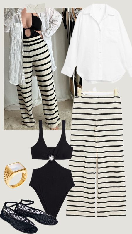 GET THE LOOK | A layered look for summer 🖤🤍
Stripe trousers | Cutout swimsuit | Halterneck | Beach trousers | Holiday looks | Summer outfits | White oversized shirt | Poolside outfit ideas 

#LTKtravel #LTKswim #LTKFestival
