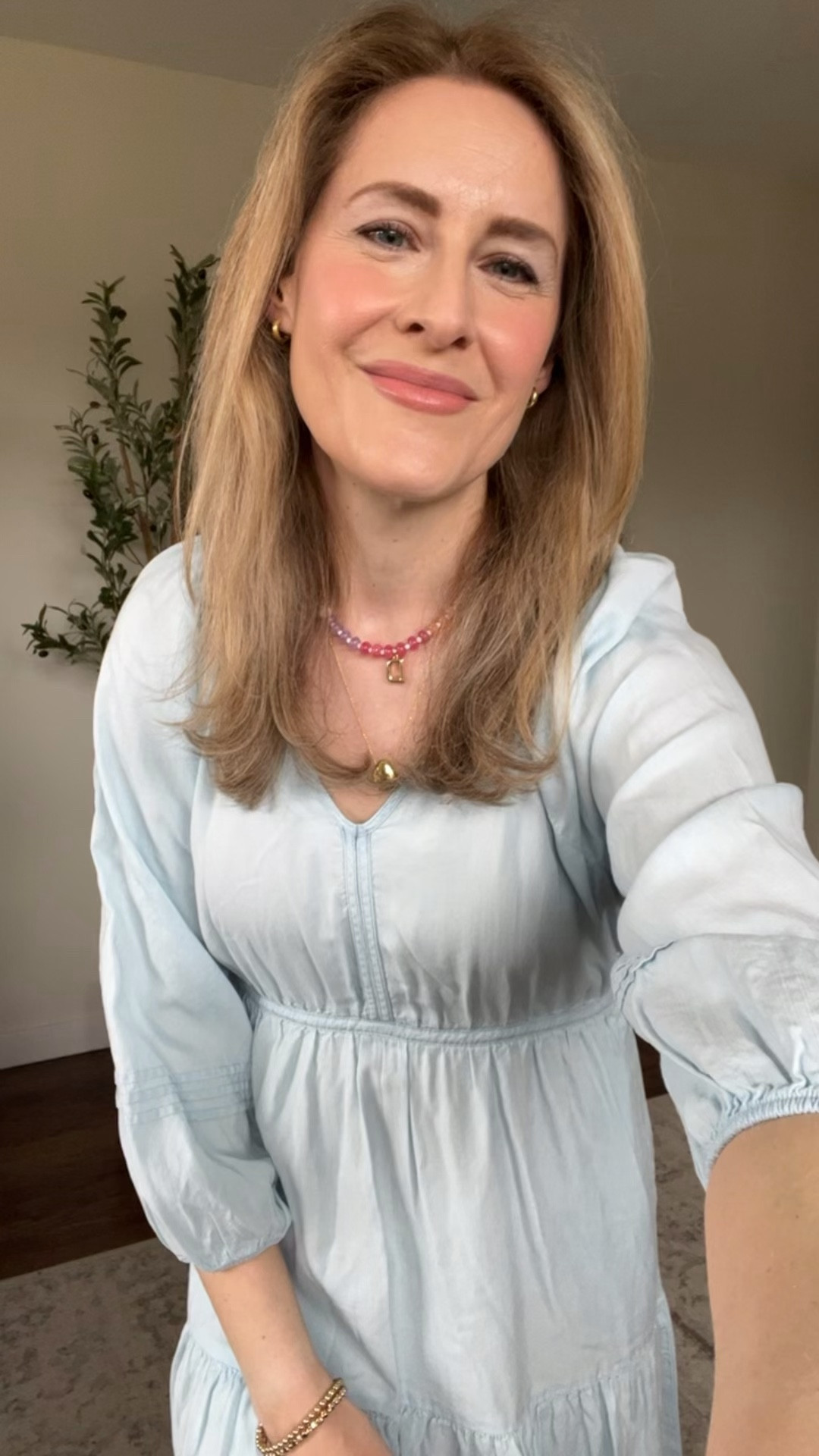 Chambray Walmart dress, elastic at waist, pockets, also comes in a dark indigo blue. Fits tts, I’m in a small. #walmartfashion 