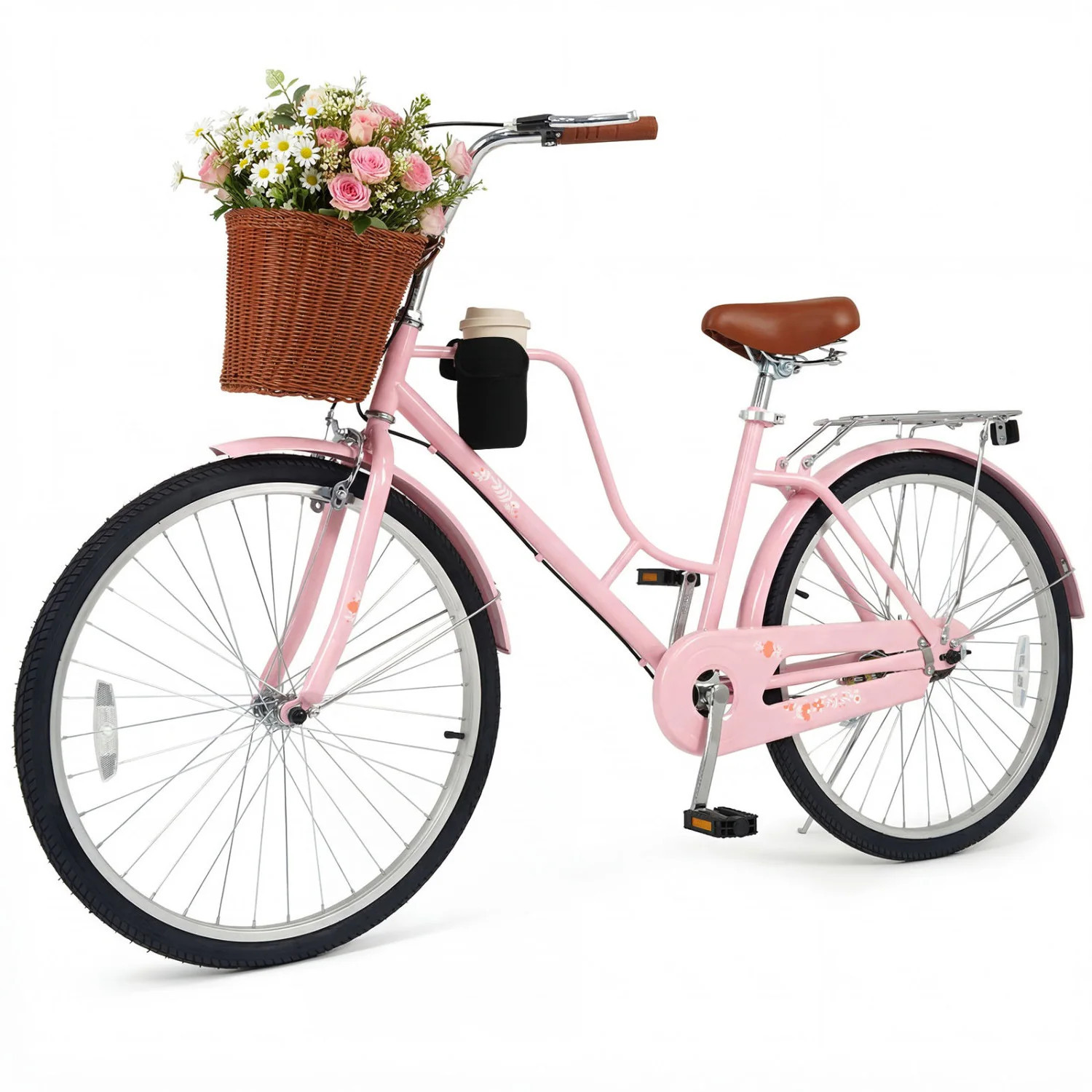 Slickblue Pink Adult Beach Cruiser Bicycle with Basket and Rear Rack (24/26 Inch) Wheel Womens Step Through Cruiser Bike for Beach and City Riding | Lowe's