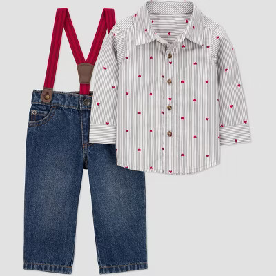 Carter's Just One You® Baby Boys' 2pc Valentine's Day Striped Heart Button-Down Shirt and Denim Suspender Set - Blue/Gray Newborn | Target