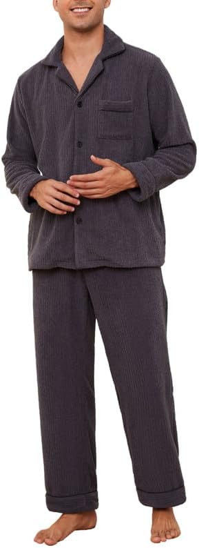 Vulcanodon Mens Fleece Pajama Set, Soft Warm Long Sleeve Sleepwear with Pockets Cozy Button-Down ... | Amazon (US)
