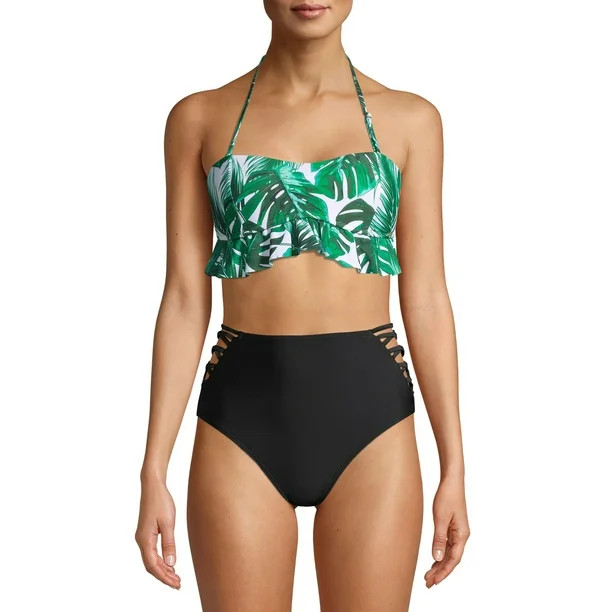 XOXO Ruffled Peplum Bandeau Bikini Top With Strappy Side High Waist Bikini Bottom Swimsuit, 2-Pie... | Walmart (US)