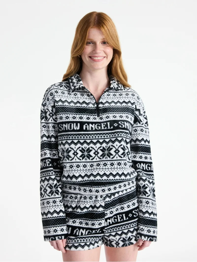 No Boundaries 1/4 Zip Mock Neck Plush Top with Long Sleeves, Women's | Walmart (US)