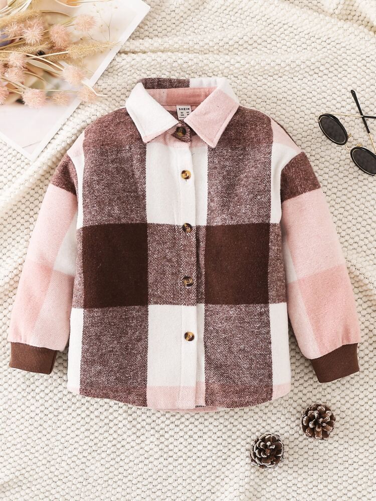 New
     
      Toddler Girls Plaid Print Colorblock Shirt | SHEIN