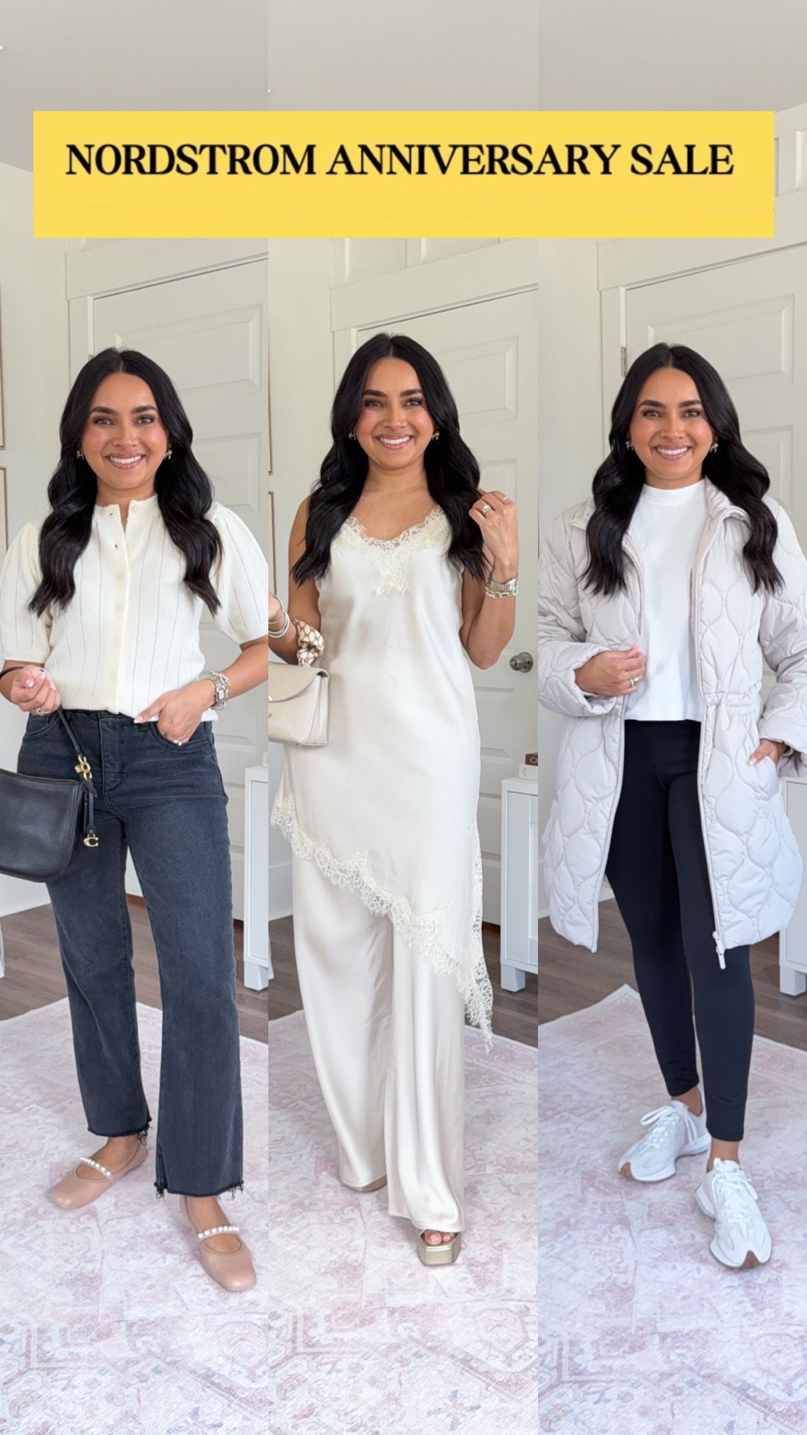 Nordstrom Anniversary Sale Try On!
For reference: I’m 5’0, petite, 32b bra size, and 2/26 in bottoms, pear shaped. 
*Everything I share is unaltered! TTS means true to size. Between size 5-6.5 in shoes

Ivory sweater size xs TTS
Jeans size 2 petite TTS
Flats size 5.5 TTS

Satin top size small TTS - I like this size to go over my hips and not bunch up
Pants size small TTS - Need high heel shoes for length
Gold platform shoes are old, similar linked

Quilted jacket size xs TTS
White tee size xs petite TTS
Black leggings size medium short - I like to size up a size for a comfortable waistband.
Sneakers size 6.5

#LTKPetite #LTKSaleAlert #LTKootd

Comment SHOP below to receive a DM with the link to this post on my LTK ⬇ https://liketk.it/6iegn

#LTKgrwm #LTKPetite #LTKSaleAlert