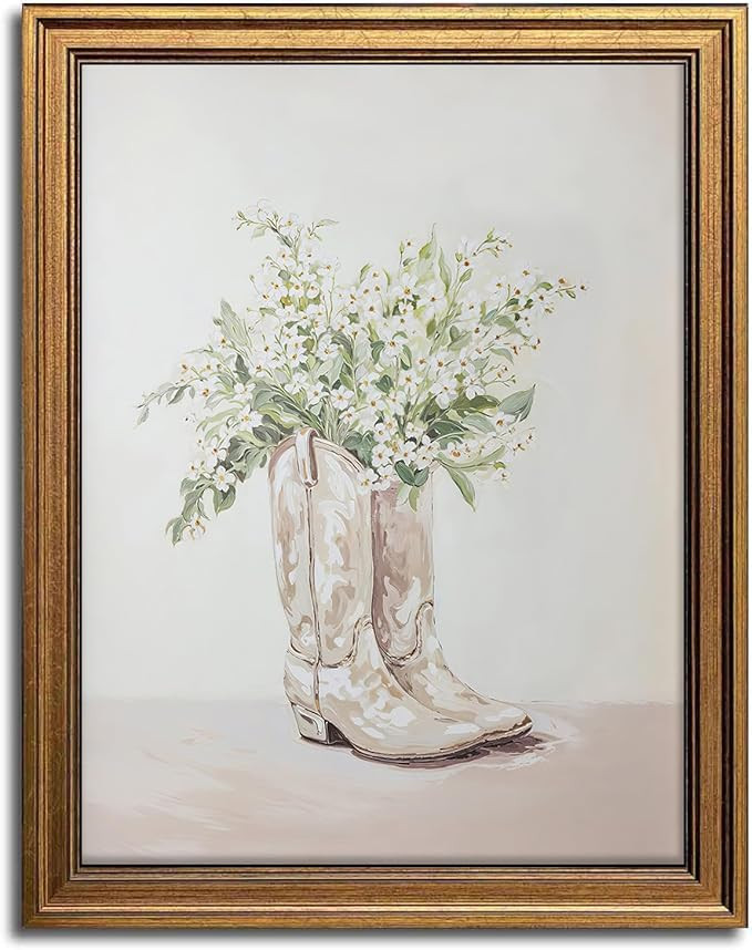 Vintage Framed Floral Cowgirl Boots Canvas Wall Art Preppy Western Flowers Printing Aesthetic Wal... | Amazon (US)