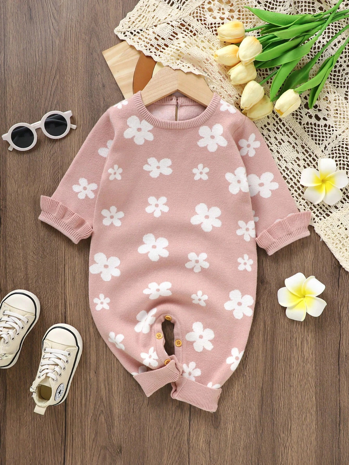 Baby Girl Floral Pattern Ruffle Trim Knit Jumpsuit | SHEIN