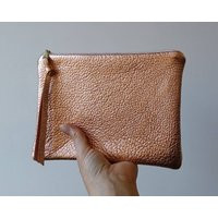 Rose Gold Leather Zipper Clutch in Size M - Large Calfskin Pouch Copper | Etsy (US)