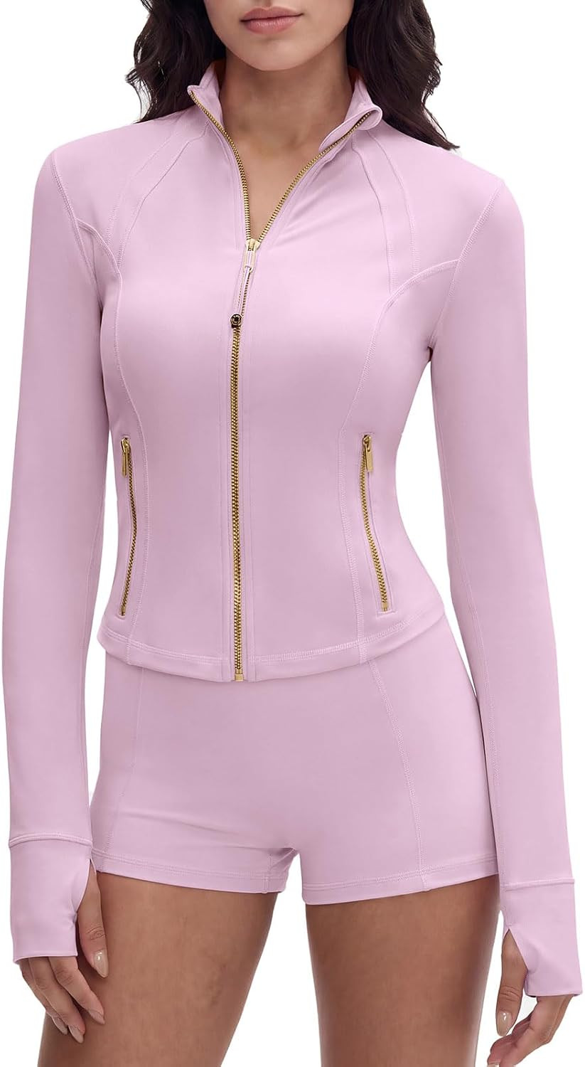 SUUKSESS Women Golden Zipper Lightweight Cropped Jackets with Thumb Holes | Amazon (US)
