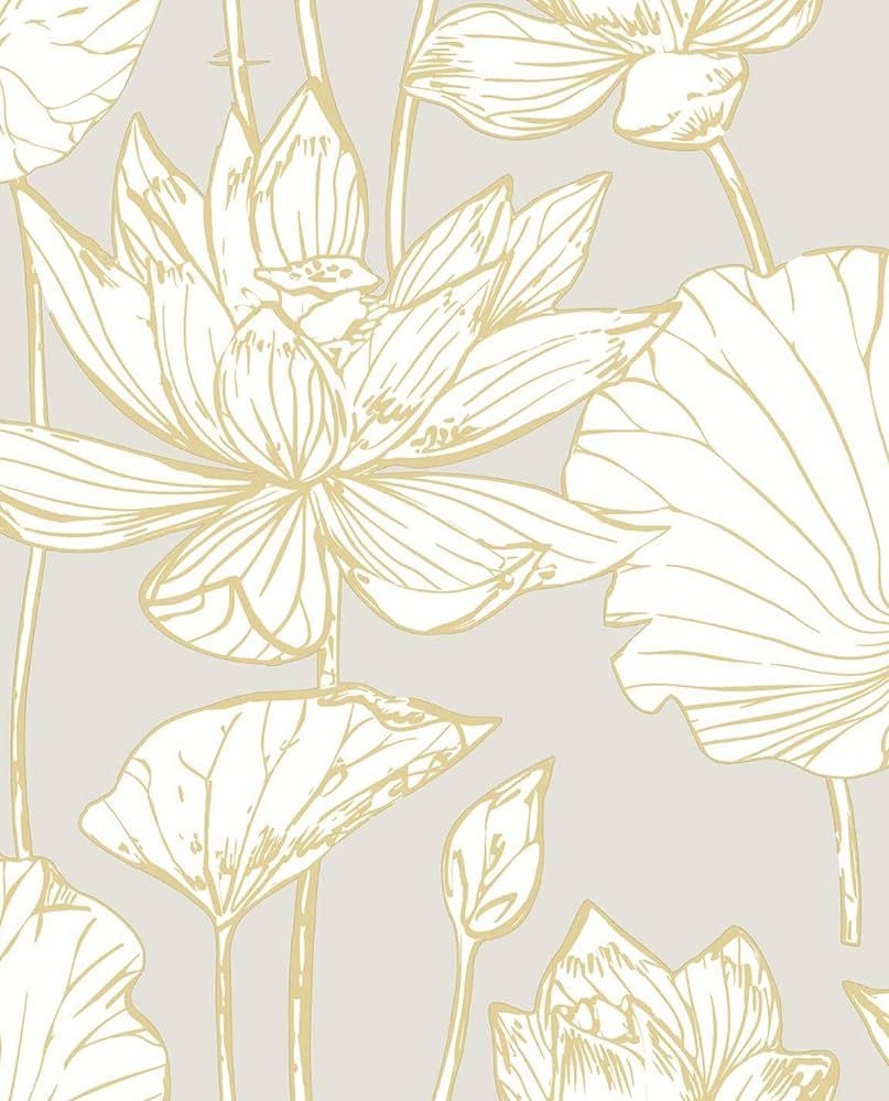 NextWall Lotus Floral Peel and Stick Wallpaper (Metallic Gold & Gray) | Amazon (US)