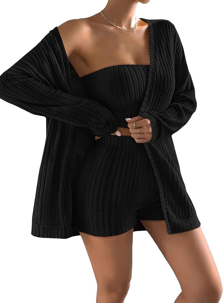 OYOANGLE Women's 3 Piece Pajamas Set Rib Long Sleeve Cardigan and Tube Top and Shorts Lounge | Amazon (US)